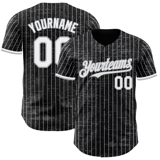 Maillot de baseball personnalisé fragmenté, blanc, motif 3D authentique, rayures noires et grises Maillot de baseball personnalisé fragmenté, blanc, motif 3D authentique, rayures noires et grises