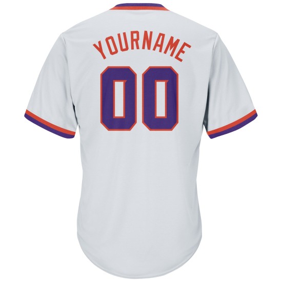 Maillot de baseball personnalisé en jersey blanc violet-orange, tricot côtelé authentique rétro Maillot de baseball personnalisé en jersey blanc violet-orange, tricot côtelé authentique rétro