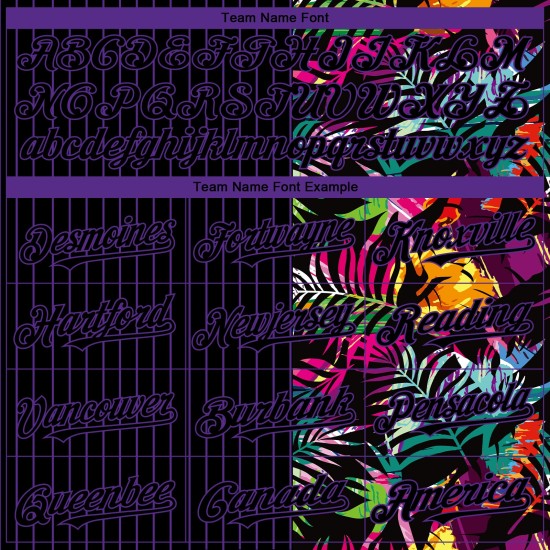 Maillot de baseball personnalisé 3D authentique à rayures noires et feuilles tropicales violettes Maillot de baseball personnalisé 3D authentique à rayures noires et feuilles tropicales violettes