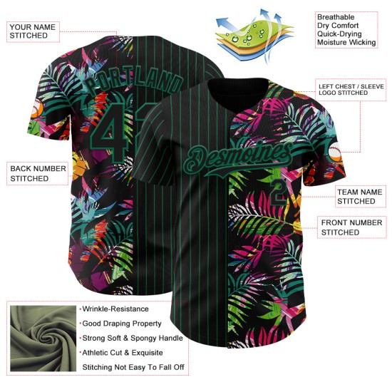 Maillot de baseball authentique Kelly Palm Leaves Green 3D, motif tropical à fines rayures noires personnalisées