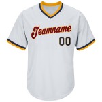 Maillot de baseball rétro en jersey côtelé, personnalisé et authentique, blanc, bleu marine et or Maillot de baseball rétro en jersey côtelé, personnalisé et authentique, blanc, bleu marine et or