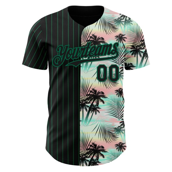 Maillot de baseball noir à rayures fines, motif authentique, feuilles personnalisées, palmier Kelly vert, motif tropical 3D Maillot de baseball noir à rayures fines, motif authentique, feuilles personnalisées, palmier Kelly vert, motif tropical 3D