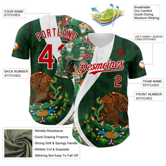 Maillot de baseball vert mexicain rouge vert-blanc personnalisé Kelly authentique 3D Maillot de baseball vert mexicain rouge vert-blanc personnalisé Kelly authentique 3D