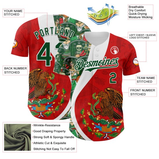 Maillot de baseball 3D authentique rouge personnalisé Mexique vert-blanc