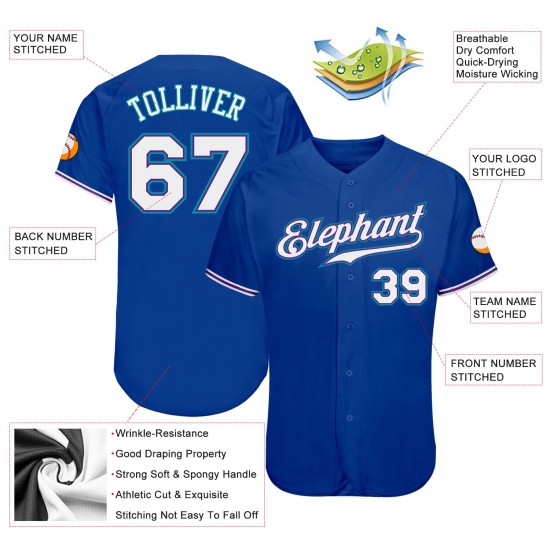Maillot de baseball personnalisé Royal blanc-bleu sarcelle authentique Maillot de baseball personnalisé Royal blanc-bleu sarcelle authentique