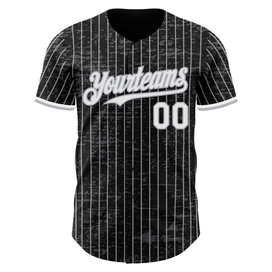 Maillot de baseball personnalisé fragmenté, blanc, motif 3D authentique, rayures noires et grises Maillot de baseball personnalisé fragmenté, blanc, motif 3D authentique, rayures noires et grises