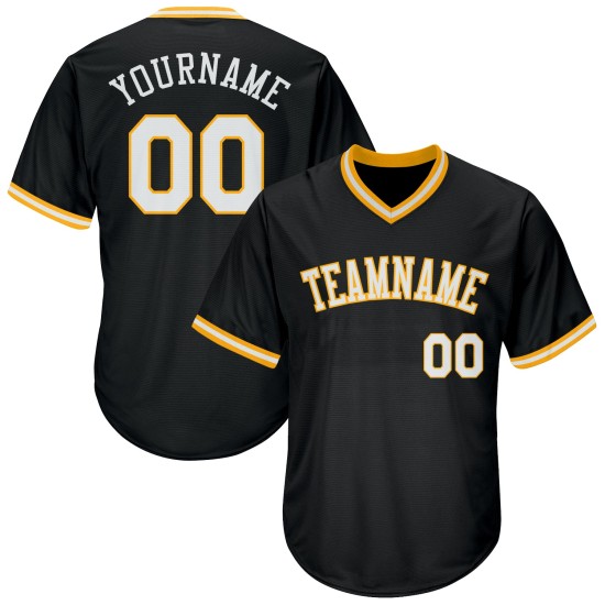Maillot de baseball noir en jersey côtelé authentique et rétro, personnalisé, blanc et or Maillot de baseball noir en jersey côtelé authentique et rétro, personnalisé, blanc et or