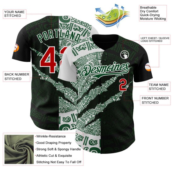 Maillot de baseball 3D à gratter du Mexique, rouge, personnalisé, authentique, vert et blanc, noir Maillot de baseball 3D à gratter du Mexique, rouge, personnalisé, authentique, vert et blanc, noir