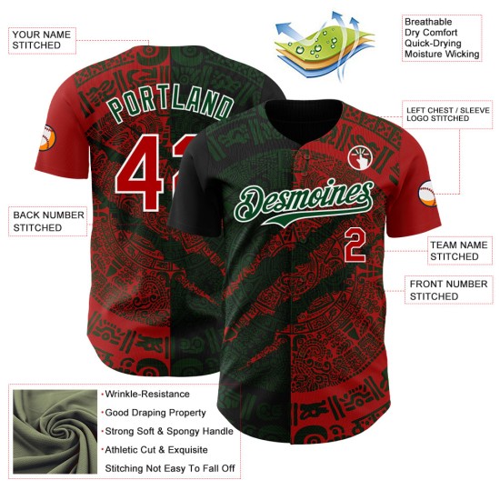 Maillot de baseball 3D authentique à gratter, vert, blanc et rouge, personnalisé au Mexique Maillot de baseball 3D authentique à gratter, vert, blanc et rouge, personnalisé au Mexique
