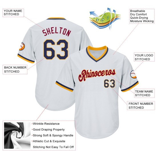 Maillot de baseball rétro en jersey côtelé, personnalisé et authentique, blanc, bleu marine et or Maillot de baseball rétro en jersey côtelé, personnalisé et authentique, blanc, bleu marine et or