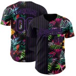 Maillot de baseball personnalisé 3D authentique à rayures noires et feuilles tropicales violettes Maillot de baseball personnalisé 3D authentique à rayures noires et feuilles tropicales violettes