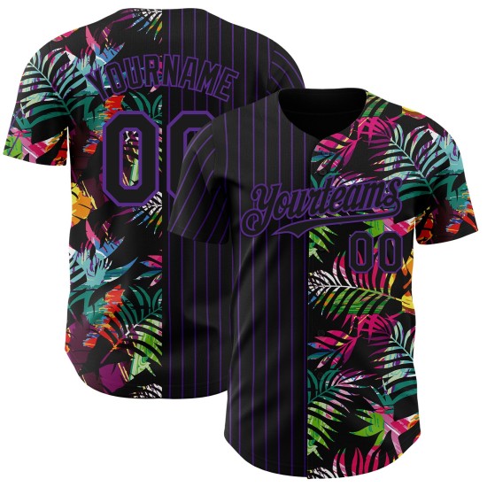 Maillot de baseball personnalisé 3D authentique à rayures noires et feuilles tropicales violettes Maillot de baseball personnalisé 3D authentique à rayures noires et feuilles tropicales violettes