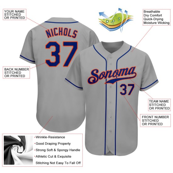 Maillot de baseball personnalisé authentique gris royal-orange Maillot de baseball personnalisé authentique gris royal-orange