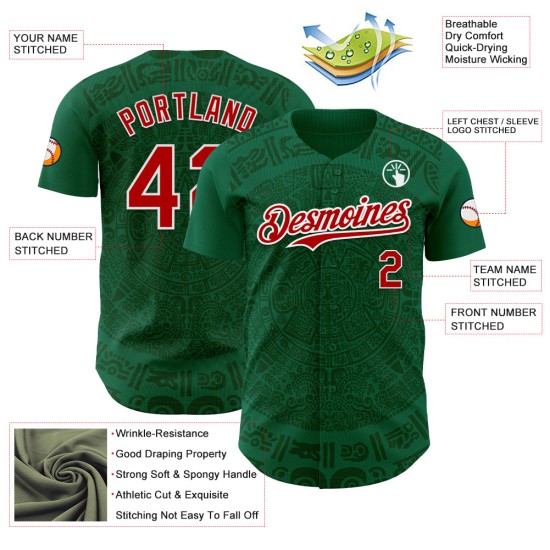 Maillot de baseball 3D Mexique Kelly Authentic Green Custom Red Green-White Maillot de baseball 3D Mexique Kelly Authentic Green Custom Red Green-White