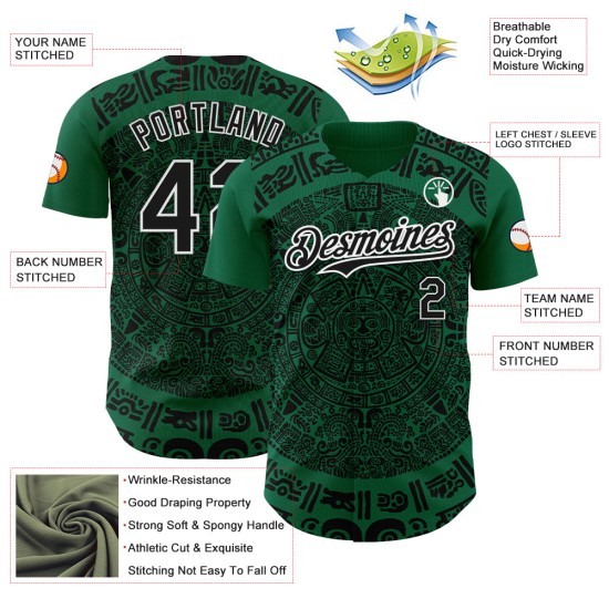 Maillot de baseball personnalisé Kelly 3D noir et blanc, vert authentique, Mexique Maillot de baseball personnalisé Kelly 3D noir et blanc, vert authentique, Mexique