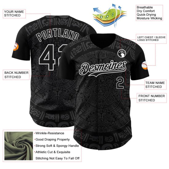 Maillot de baseball personnalisé Mexique 3D noir gris-blanc authentique Maillot de baseball personnalisé Mexique 3D noir gris-blanc authentique