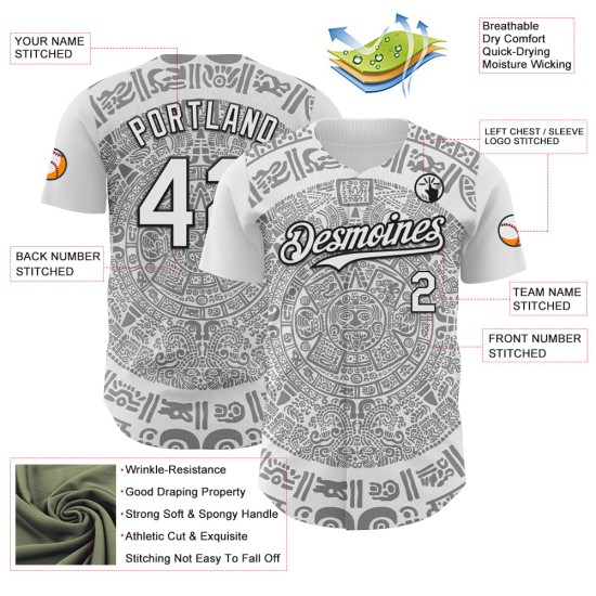 Maillot de baseball 3D personnalisé blanc du Mexique, gris-noir authentique Maillot de baseball 3D personnalisé blanc du Mexique, gris-noir authentique