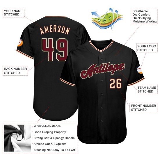Maillot de baseball authentique noir crème personnalisé Crimson-City Maillot de baseball authentique noir crème personnalisé Crimson-City