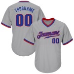 Maillot de baseball authentique en jersey gris côtelé rétro personnalisé, rouge-royal Maillot de baseball authentique en jersey gris côtelé rétro personnalisé, rouge-royal