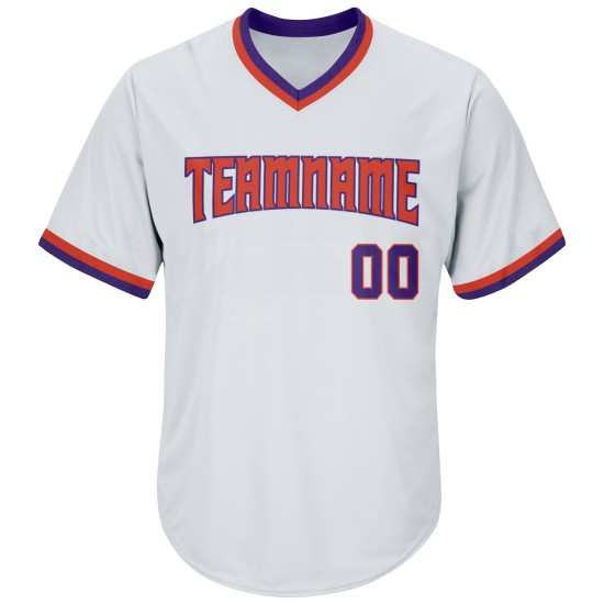 Maillot de baseball personnalisé en jersey blanc violet-orange, tricot côtelé authentique rétro Maillot de baseball personnalisé en jersey blanc violet-orange, tricot côtelé authentique rétro