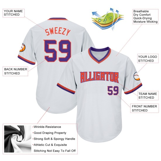 Maillot de baseball personnalisé en jersey blanc violet-orange, tricot côtelé authentique rétro Maillot de baseball personnalisé en jersey blanc violet-orange, tricot côtelé authentique rétro