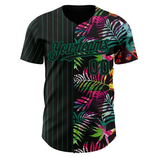 Maillot de baseball authentique Kelly Palm Leaves Green 3D, motif tropical à fines rayures noires personnalisées