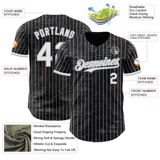 Maillot de baseball personnalisé fragmenté, blanc, motif 3D authentique, rayures noires et grises Maillot de baseball personnalisé fragmenté, blanc, motif 3D authentique, rayures noires et grises