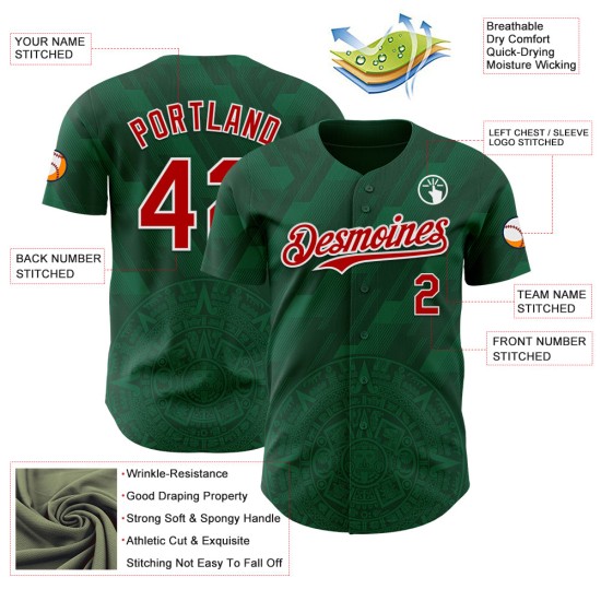 Maillot de baseball 3D Kelly authentique, vert, rouge et blanc, personnalisé, Mexique