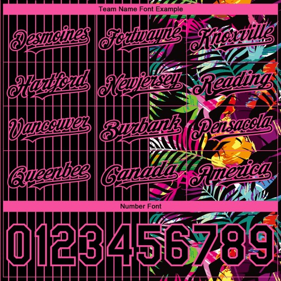 Conception de motif tropical feuilles rose authentique palmier noir maillot personnalisé 3D à rayures fines Baseball Conception de motif tropical feuilles rose authentique palmier noir maillot personnalisé 3D à rayures fines Baseball