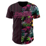 Conception de motif tropical feuilles rose authentique palmier noir maillot personnalisé 3D à rayures fines Baseball Conception de motif tropical feuilles rose authentique palmier noir maillot personnalisé 3D à rayures fines Baseball