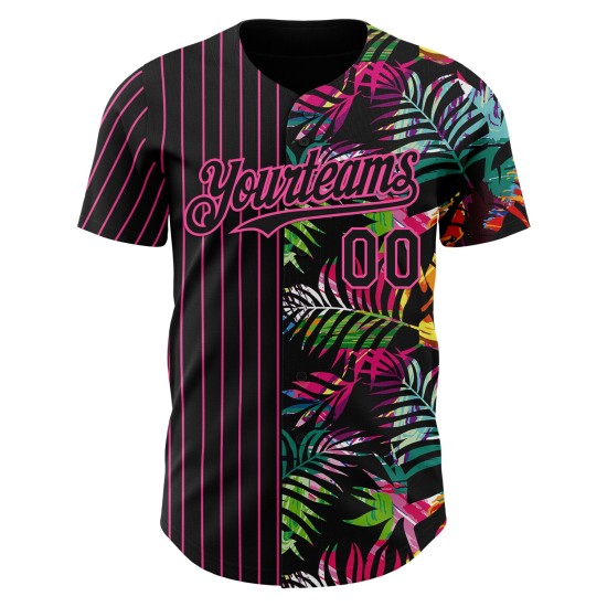 Conception de motif tropical feuilles rose authentique palmier noir maillot personnalisé 3D à rayures fines Baseball Conception de motif tropical feuilles rose authentique palmier noir maillot personnalisé 3D à rayures fines Baseball