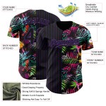 Maillot de baseball personnalisé 3D authentique à rayures noires et feuilles tropicales violettes Maillot de baseball personnalisé 3D authentique à rayures noires et feuilles tropicales violettes