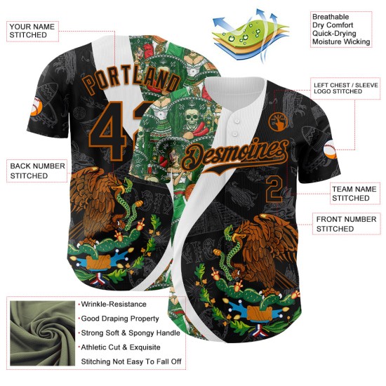 Maillot Kelly Mexico personnalisé 3D noir orange-blanc, Texas Baseball, vert authentique