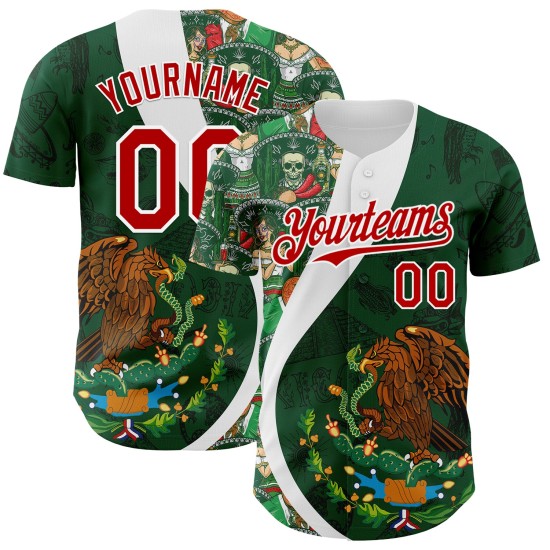 Maillot de baseball vert mexicain rouge vert-blanc personnalisé Kelly authentique 3D Maillot de baseball vert mexicain rouge vert-blanc personnalisé Kelly authentique 3D
