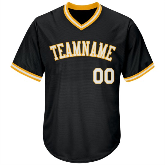 Maillot de baseball noir en jersey côtelé authentique et rétro, personnalisé, blanc et or Maillot de baseball noir en jersey côtelé authentique et rétro, personnalisé, blanc et or