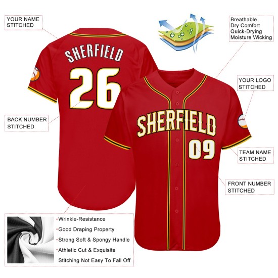 Maillot de baseball authentique blanc-or personnalisé rouge