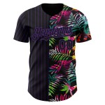 Maillot de baseball personnalisé 3D authentique à rayures noires et feuilles tropicales violettes Maillot de baseball personnalisé 3D authentique à rayures noires et feuilles tropicales violettes
