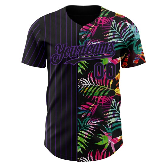Maillot de baseball personnalisé 3D authentique à rayures noires et feuilles tropicales violettes Maillot de baseball personnalisé 3D authentique à rayures noires et feuilles tropicales violettes