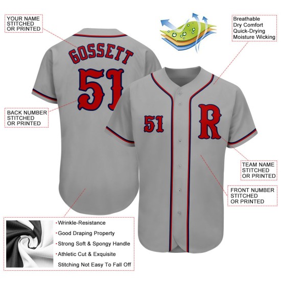 Maillot de baseball personnalisé authentique rouge-bleu marine gris Maillot de baseball personnalisé authentique rouge-bleu marine gris