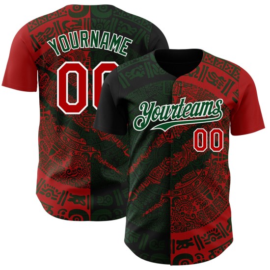 Maillot de baseball 3D authentique à gratter, vert, blanc et rouge, personnalisé au Mexique Maillot de baseball 3D authentique à gratter, vert, blanc et rouge, personnalisé au Mexique