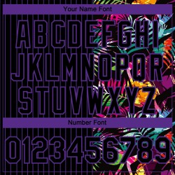 Maillot de baseball personnalisé 3D authentique à rayures noires et feuilles tropicales violettes