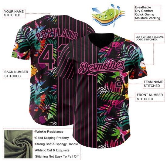 Conception de motif tropical feuilles rose authentique palmier noir maillot personnalisé 3D à rayures fines Baseball Conception de motif tropical feuilles rose authentique palmier noir maillot personnalisé 3D à rayures fines Baseball