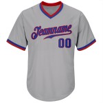 Maillot de baseball authentique en jersey gris côtelé rétro personnalisé, rouge-royal Maillot de baseball authentique en jersey gris côtelé rétro personnalisé, rouge-royal