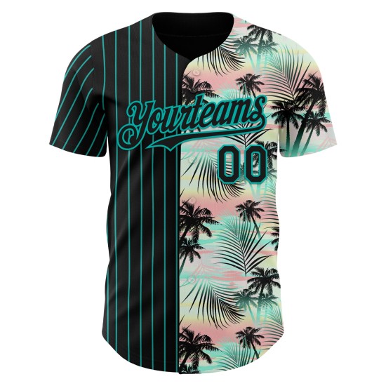 Maillot de baseball 3D noir authentique, motif tropical à rayures fines, feuilles de palmier Maillot de baseball 3D noir authentique, motif tropical à rayures fines, feuilles de palmier