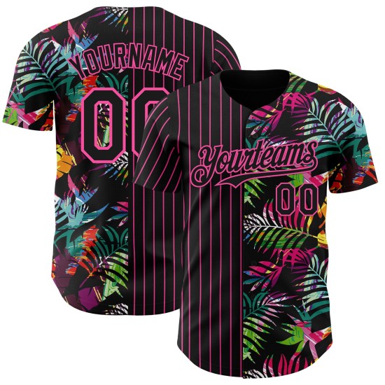 Conception de motif tropical feuilles rose authentique palmier noir maillot personnalisé 3D à rayures fines Baseball Conception de motif tropical feuilles rose authentique palmier noir maillot personnalisé 3D à rayures fines Baseball