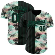 Maillot de baseball noir à rayures fines, motif authentique, feuilles personnalisées, palmier Kelly vert, motif tropical 3D
