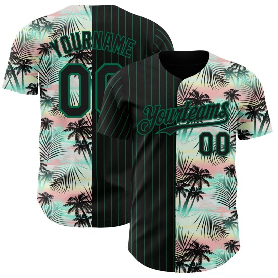 Maillot de baseball noir à rayures fines, motif authentique, feuilles personnalisées, palmier Kelly vert, motif tropical 3D Maillot de baseball noir à rayures fines, motif authentique, feuilles personnalisées, palmier Kelly vert, motif tropical 3D