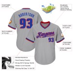 Maillot de baseball authentique en jersey gris côtelé rétro personnalisé, rouge-royal Maillot de baseball authentique en jersey gris côtelé rétro personnalisé, rouge-royal