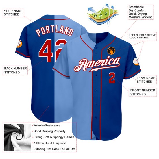 Maillot de baseball personnalisé Red-Light Fashion Royal Split bleu authentique Maillot de baseball personnalisé Red-Light Fashion Royal Split bleu authentique