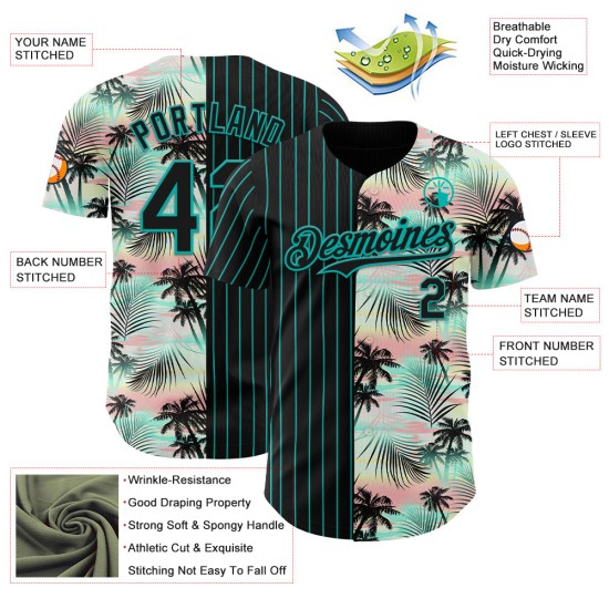 Maillot de baseball 3D noir authentique, motif tropical à rayures fines, feuilles de palmier Maillot de baseball 3D noir authentique, motif tropical à rayures fines, feuilles de palmier